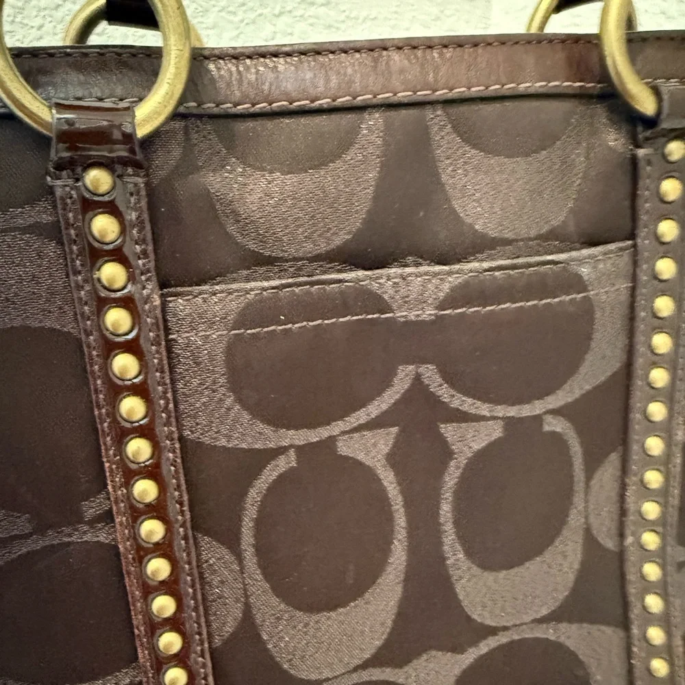 COACH Gallery Metallic Dark Chocolate Bronze Jacquard Signature Studded Tote